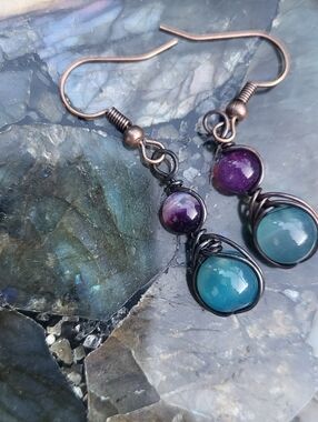 Purple Agate & Blue Agate Handcrafted Copper Earrings